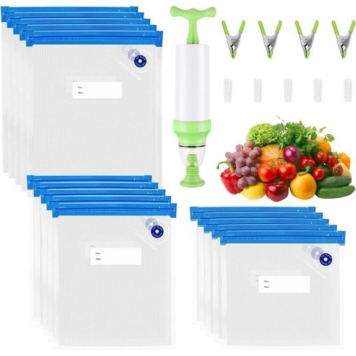 15 Pièces Sacs Sous Vide Alimentaire Réutilisables Congelation Stockage 3 Tailles Avec 1 Pompe À Main 5 Clips Détanchéité et 4