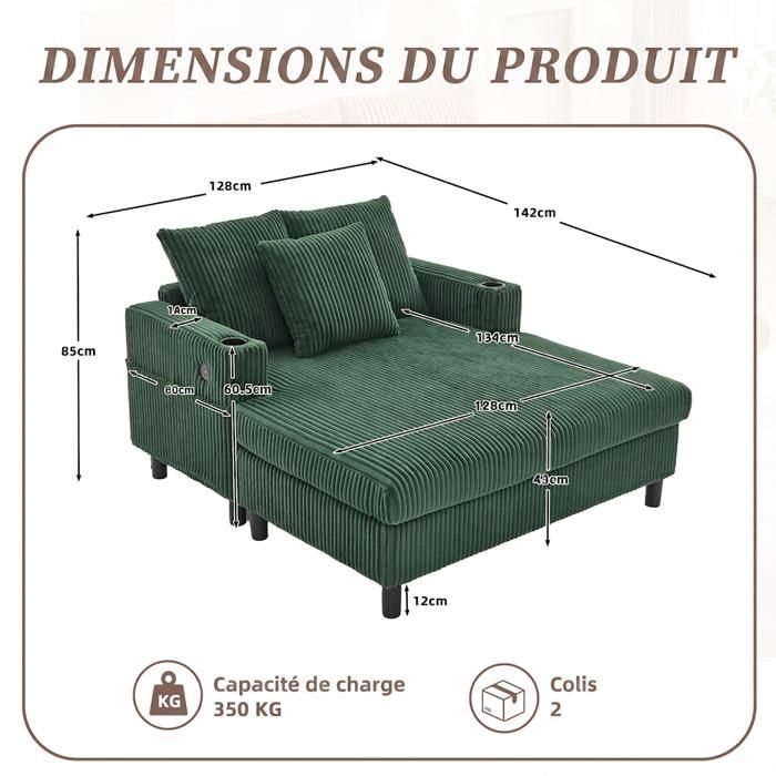 Chaise Longue Moelleuse avec Porte-Gobelets Ports USB et LED - Fauteuil de Relaxation Design pour Salon et Chambre