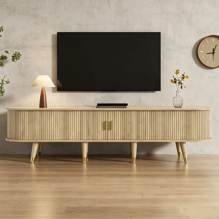 Meuble TV Banc TV 175x38x45cm avec 2 Tiroirs en Rotin et 2 Portes Coulissantes Meuble Télé Stand Moderne pour TV jusquà 70 Pouces