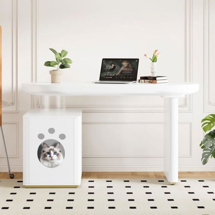 Bureau dordinateur avec rangement et nichoir plateau courbe élégant finition brillante modèle 2-en-1 blanc 117x50x76 cm