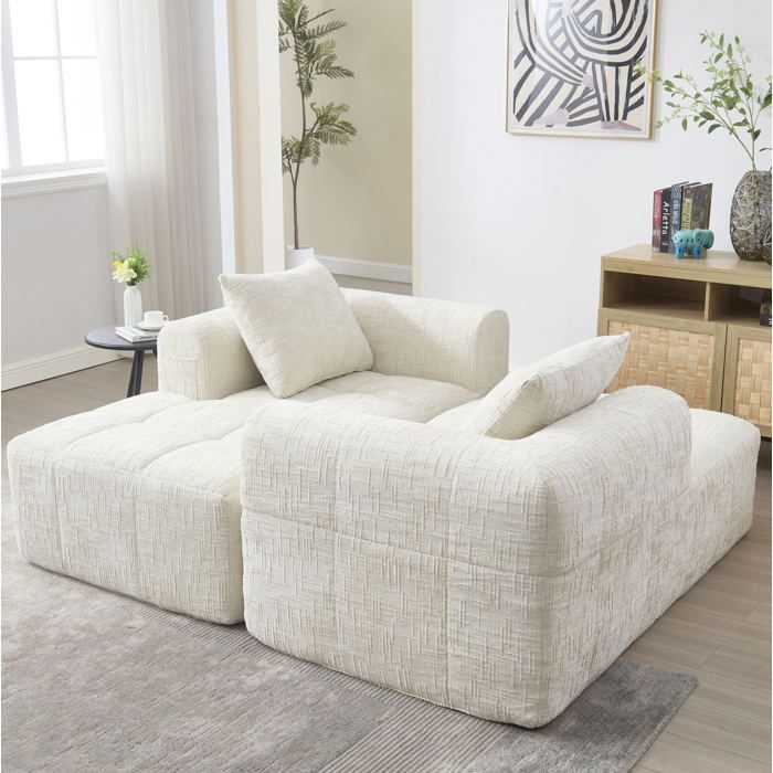 Canapé sectionnel L 3 places beige tissu chenille avec poche latérale pour télécommande