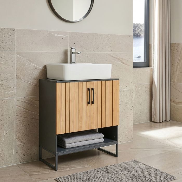 Meuble sous lavabo Svanes avec 2 compartiments et étagère 70 x 60 x 30 cm gris foncé naturel