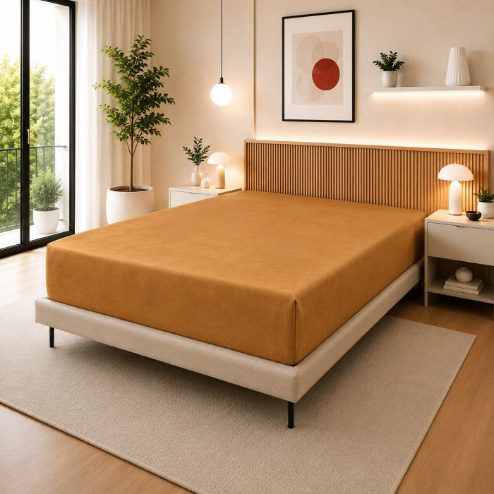Drap Housse 140 x 190 cm Miel – 100% Coton 57 Fils/cm² – Bonnet 30 cm