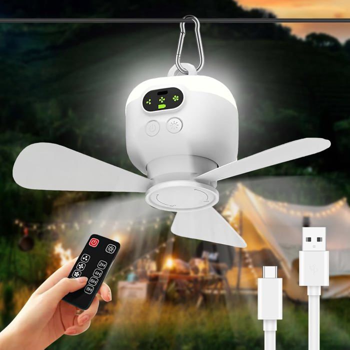 Ventilateur de Camping LumièreVentilateur Plafond Avec Lumière et TélécommandeAvec USBMinuterieVitesses Réglables
