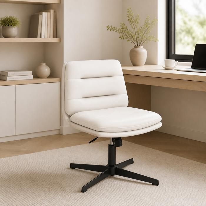 Fauteuil bureau - PAGE LIVING - Siège dossier confortable - Similicuir blanc - Base métallique croisée - Sans accoudoirs