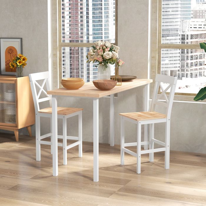 2 Chaises de Bar Tectake Hauteur Standard Dossier Haut Podium Bois de Pin Naturel et Blanc