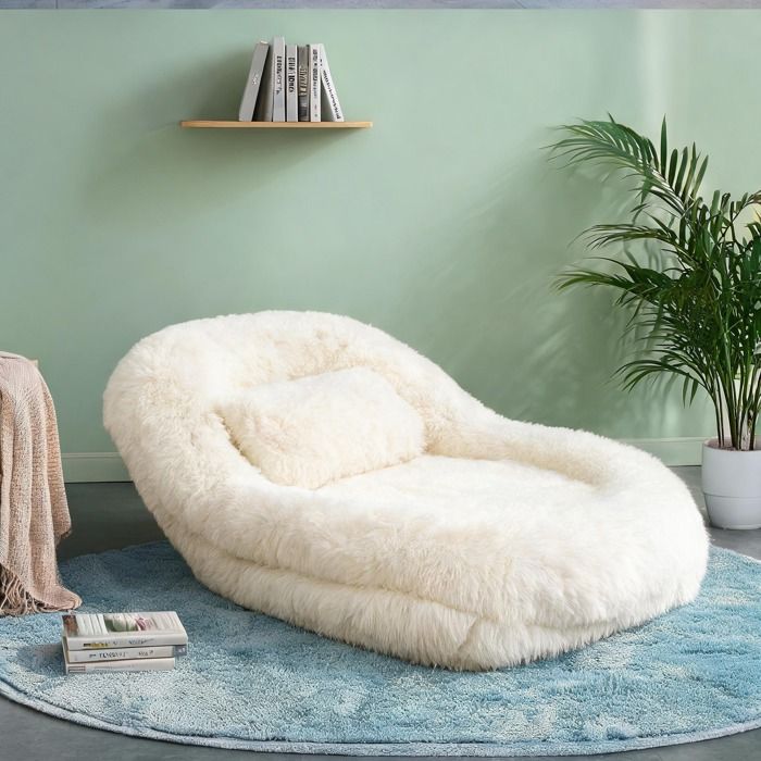 Canapé de sol convertible en peluche beige 5 positions L102-175 cm relaxation et gaming