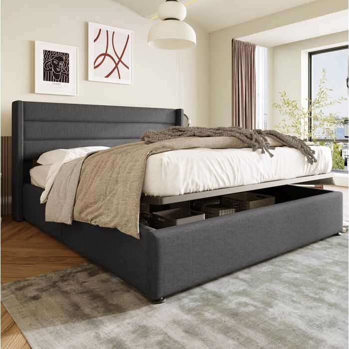 Lit coffre hydraulique 160x200 cm en lin gris avec sommier à lattes et tête de lit capitonnée
