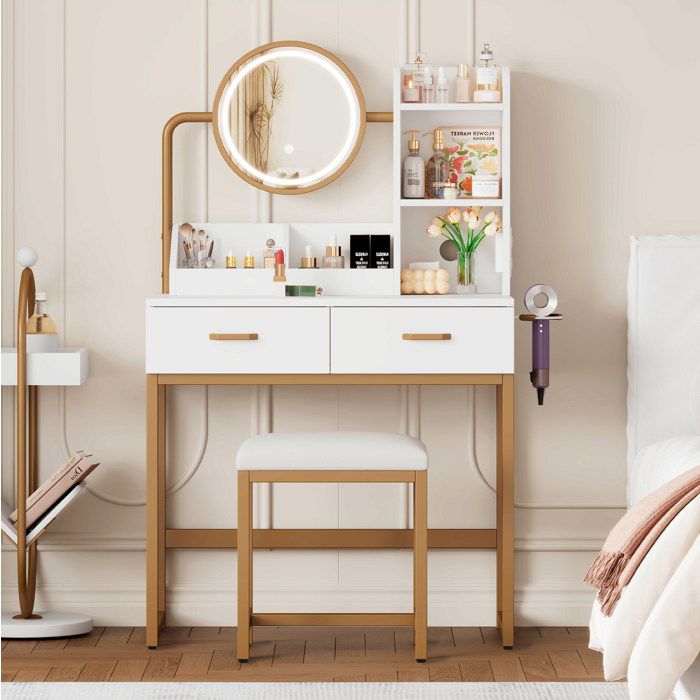 MEULVA Coiffeuse avec miroir LED rotatif 2 tiroirs prises USB tabouret inclus blanc et or 80 x 40 x 138 5 cm