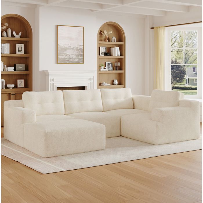 Canapé modulable d’angle EVRYAE 252 x 180 x 82 cm avec pouf configuration L ou U chenille beige