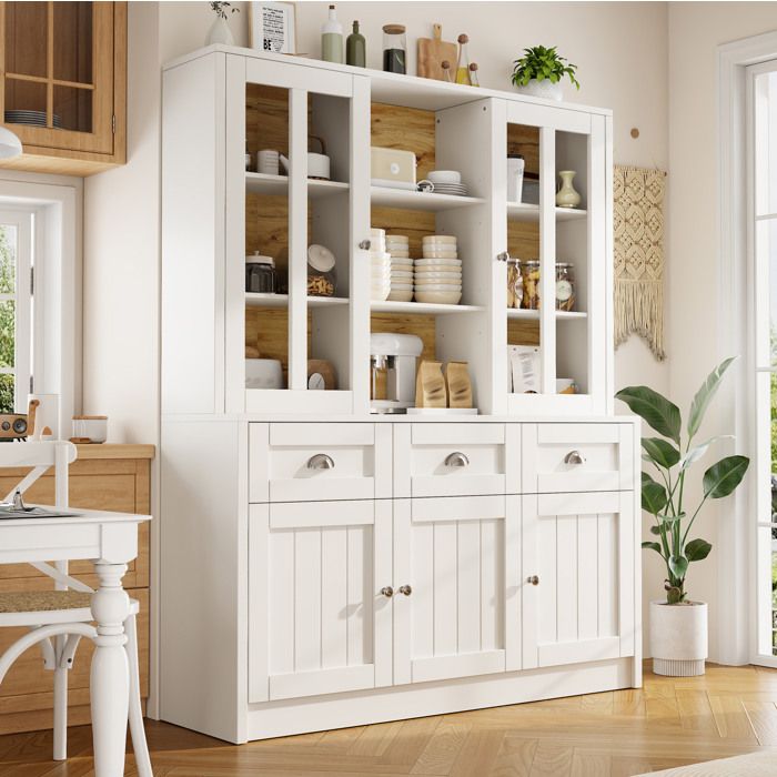 Buffet haut vitrine avec tiroirs meuble de rangement en MDF et acrylique blanc 140 x 385 x 175 cm Grjofek