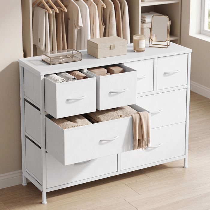 Commode avec 8 Tiroirs en Tissu pour Chambre 98 7 x 30 x 74 7 cm Blanc