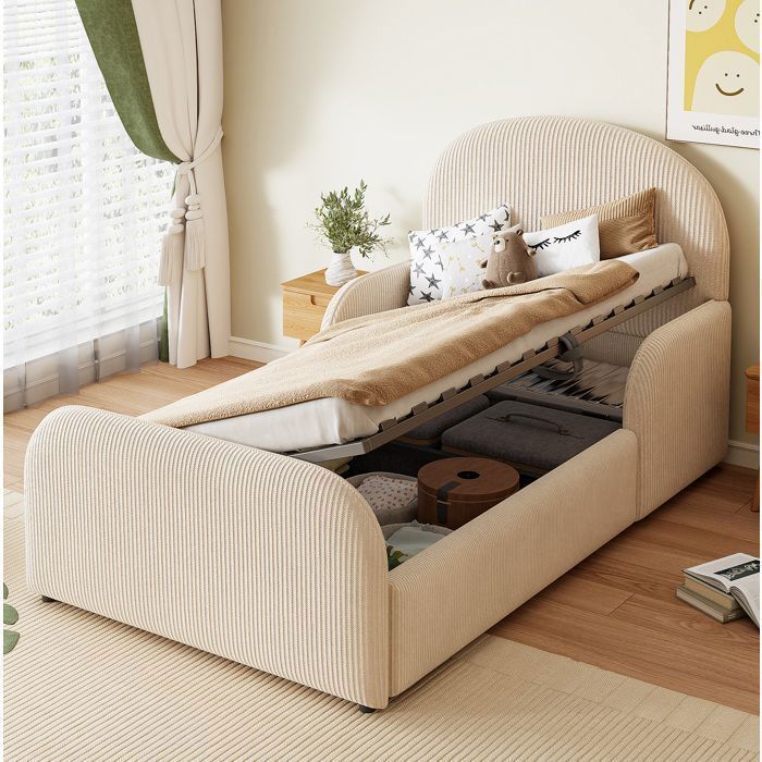 Lit coffre 90x200 cm avec rangement barrières latérales 12 sommier à lattes en velours beige