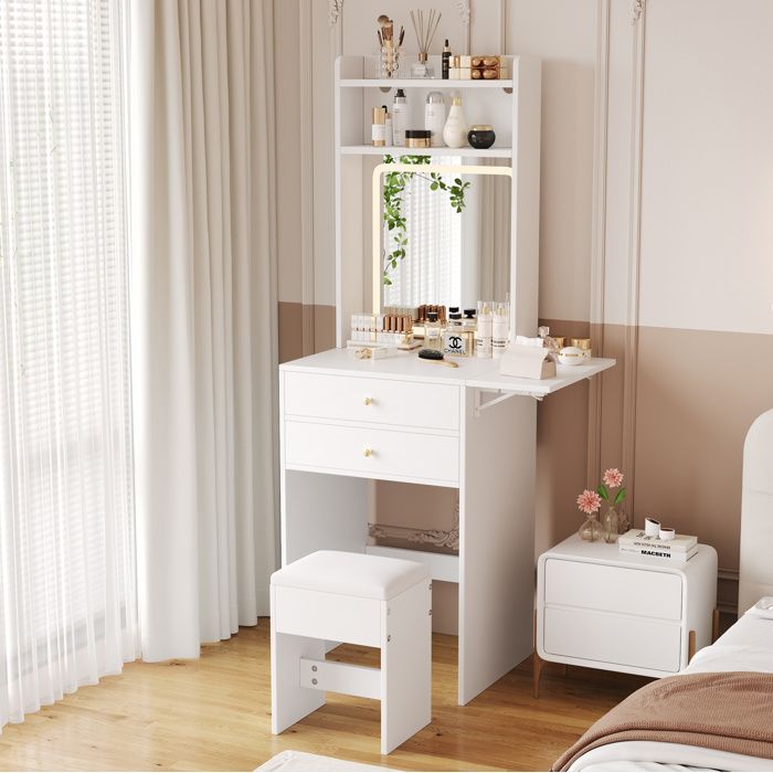 MEULVA Coiffeuse avec miroir LED 2 tiroirs 2 niches ouvertes tablette rabattable tabouret inclus blanc