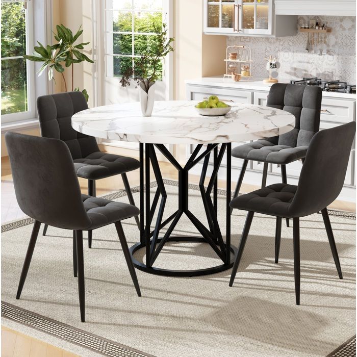 JOINERY table repas ronde ensemble 5 pièces 4 chaises table à manger 100 cm MDF décor marbre velours gris métal