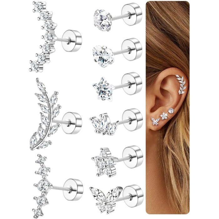 9Pcs Boucles DOreilles Femme Acier Inoxydable Piercing Tragus Helix Hypoallergène Piercing Oreille Or Argent Boucles DOrei[PP389]