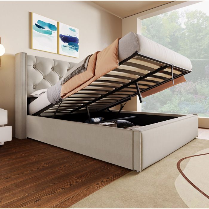 COVREO lit coffre 160 x 200 cm avec sommier a lattes relevable tete de lit capitonnee coton gris clair