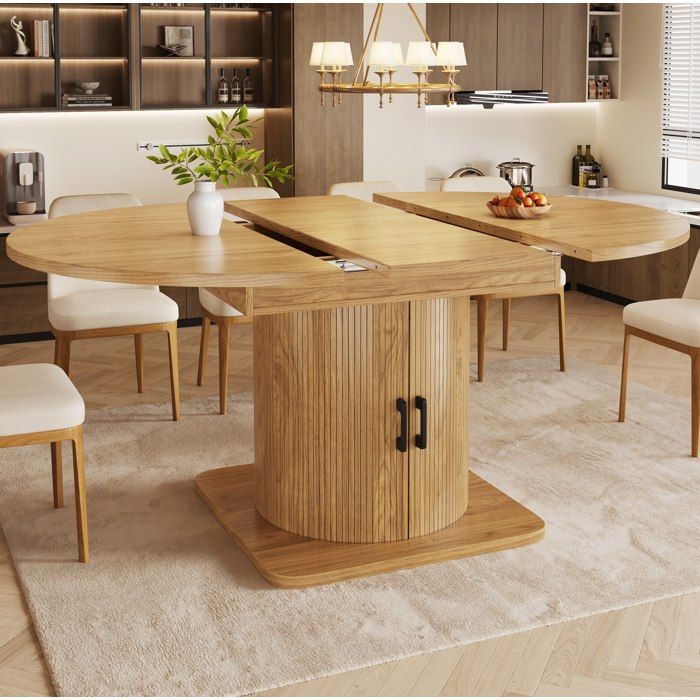 Table Extensible MDF Marron Clair Table Modulable FloraGrace Pour Petits Espaces Avec Rangement 118-158x118x76cm