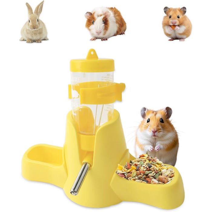 Gourde pour hamster 80 ml Jaune 3 en 1 Avec double gamelle et support Pas de fuite eau Distributeur