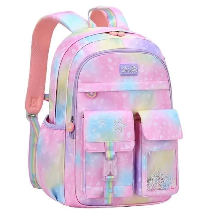 XJYDNCG Cartable Fille Primaire Sac À Dos Scolaire - Enfant 46x30x19cm - Motif Arc-en-ciel Paillettes - Rose Pastel