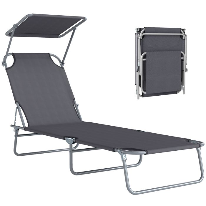 Bain de Soleil Pliable avec Pare-Soleil Réglable Chaise Longue Dossier Inclinable 4 Positions Métal 187 x 58 x 36 cm Gris