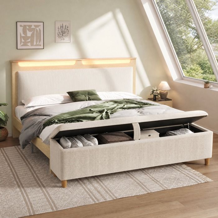 Lit double beige 145 x 253 x 110 cm tête de lit LED banc de rangement lattes matelas non inclus
