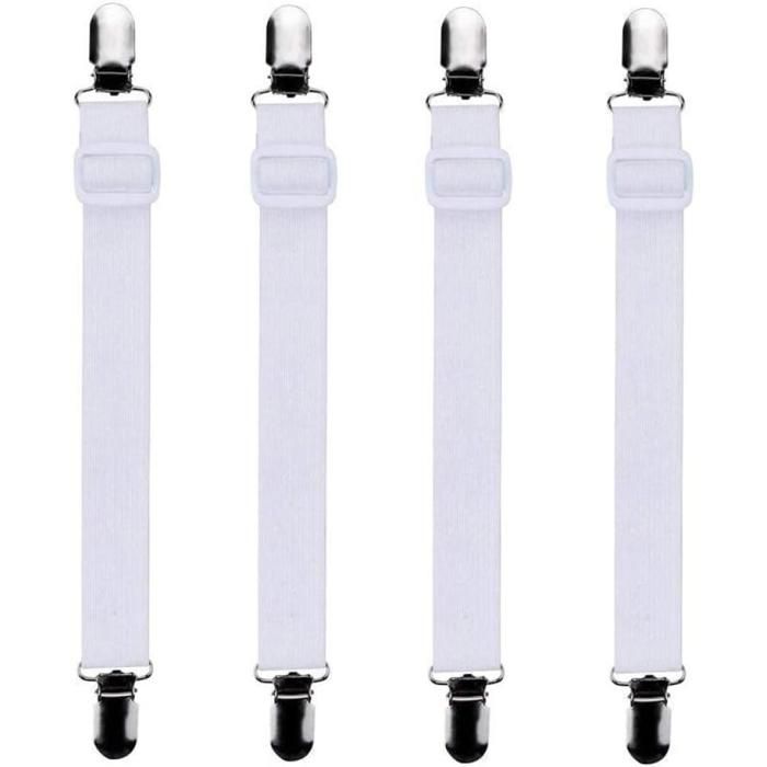 Lot de 4 Tendeurs de Drap Housse Réglables - Fixations Élastiques Antidérapantes pour Matelas et Draps - Blanc