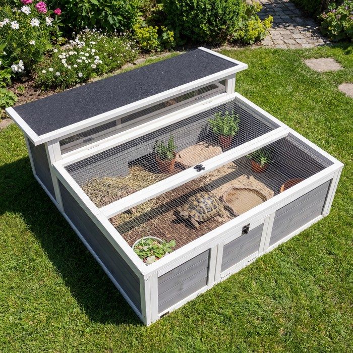Maison Tortue Terrestre Habitat 2 Zones avec Double Toit Ouvrant Bitumé et Grillagé Fenêtre 113x106 5x44 5cm Gris Foncé