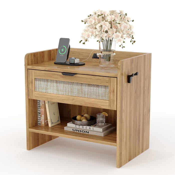 Koioplie Table de chevet en rotin avec station de charge Type-C 1 tiroir et espace ouvert style bohème pour chambre - Walnut