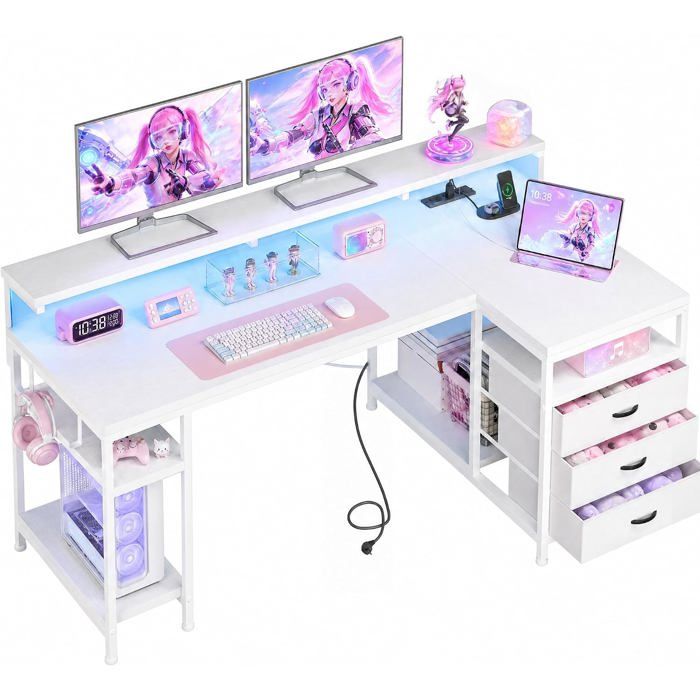 Bureau Gaming en L 160x80cm 3 Tiroirs Support Écran LED RGB Prises USB et Courant Blanc
