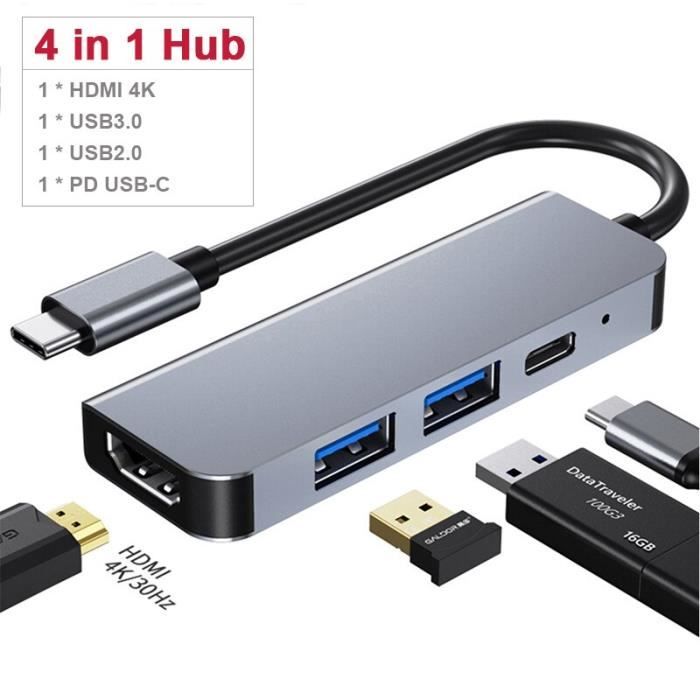 Hub USB C JESWO 7 En 1 - Adaptateur Avec HDMI 4K, SD, USB-A - Argent