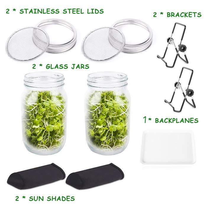 Kit Germination En Pot Mason Avec Support - Couvercle Maille Acier Inoxydable, Pot En Verre, Pour Faire Pousser Des Graines (brocoli, Luzerne, Radis…)