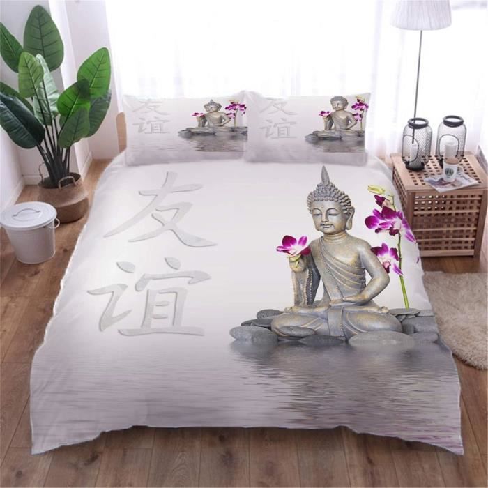 Housse De Couette 180x200 Cm Style Ethnique Bouddha - 3 Pièces Microfibre Imprimée 3D - Avec 2 Taies D'oreiller 65x65 Cm