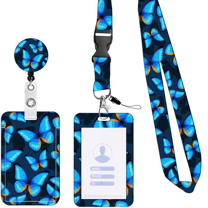 Porte Badge,étiquette de nom Retractable,Porte-cartes verticaux,avec Cordon Tour de Cou,Porte-cartes,pour Clés,École(papillon bleu)