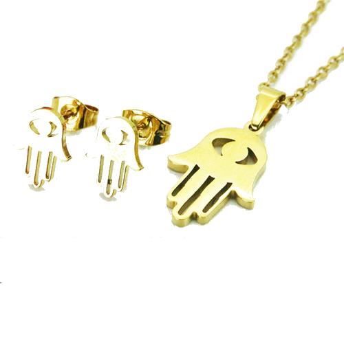 Parure - Hamsa - Acier doré - Boucles doreilles - Pendentif - Femme