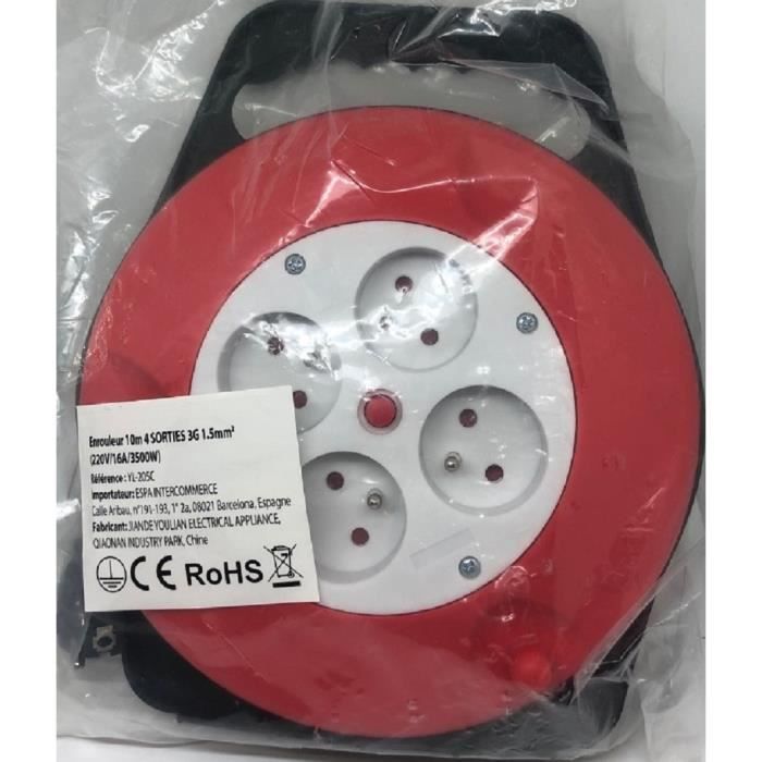 Enrouleur Électrique Velamp DOMREEL-10 - 10m 4 Prises 16A Avec Sécurité Enfants - Cable H05VV-F 3G1.0mm²