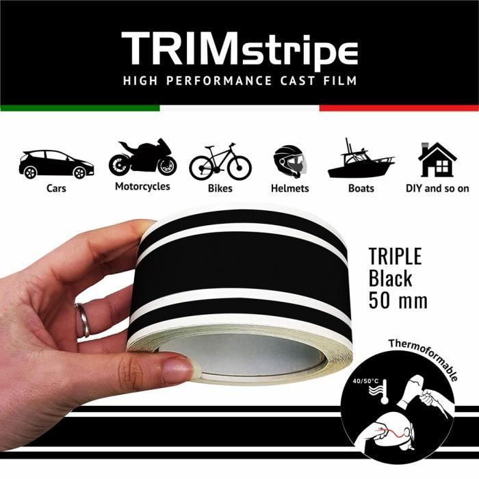 Trim Stripes Bandes Adhésives Triples pour Voitures, Noir, 50 mm x 10 mt