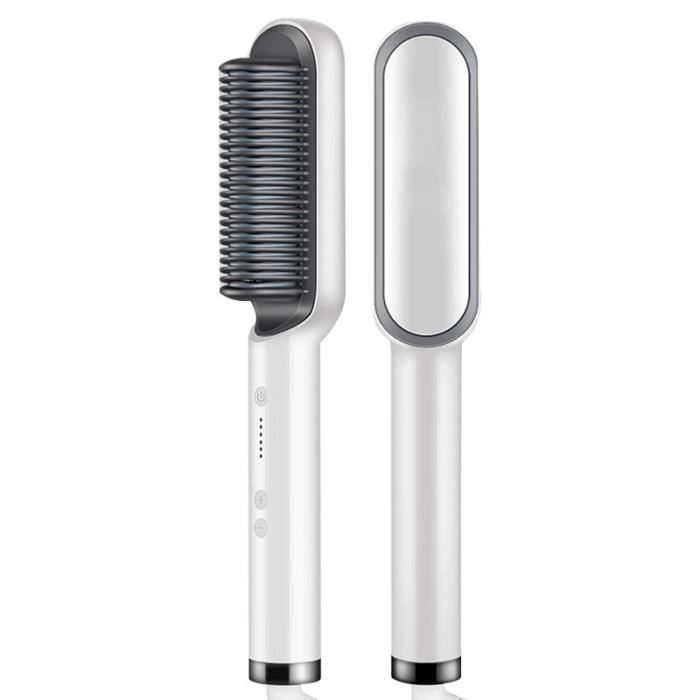 Brosse Lissante ionique - Brosse Chauffante Céramique Professionnelle - Chauffage rapide -Double utilisation droite et bouclée blanc