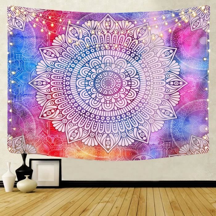 Grande Tapisserie Indienne Vintage Motif Mandala Avec Franges (95x77 Pouces)
