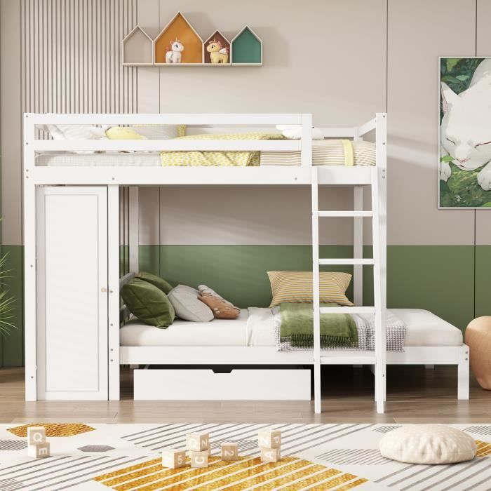 Lit Superposé 90x200 Cm En Bois De Pin Massif - Avec Protection Chute, 2 Tiroirs, Échelle - Idéal Chambre Enfants/Ados