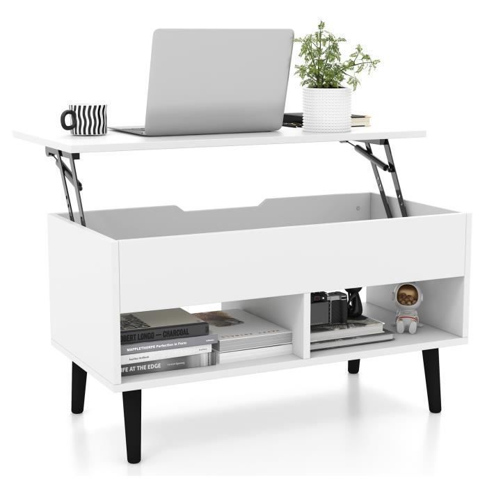 COSTWAY Table Basse avec Plateau Relevable Table de Salon Moderne avec Rangement Caché 2 Compartiments Ouverts 80x40x445-58CM