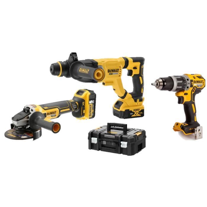 Pack de 3 outils 18V DCK327P2T DCH263DCG405DCD791 + 2 batteries 5 Ah + chargeur en coffret TSTAK DEWALT