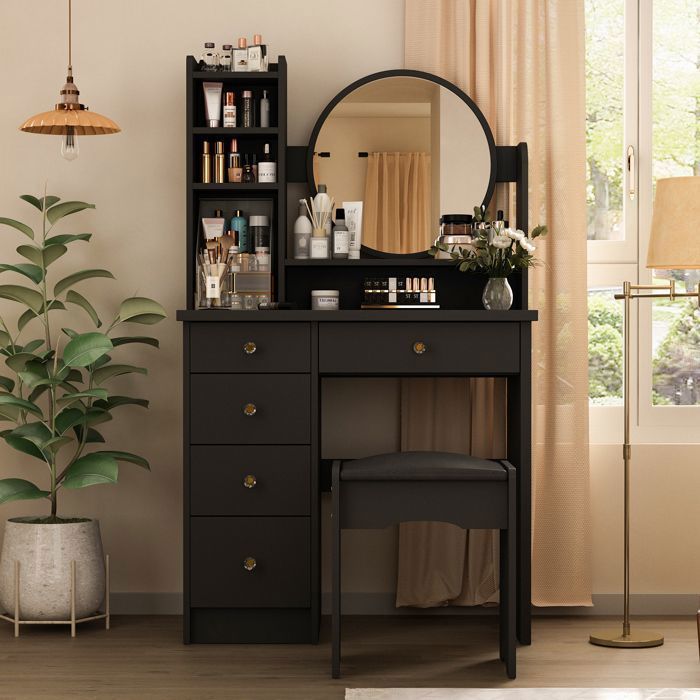 Ensemble Coiffeuse Gauthier Noire Avec Miroir Et Table De Chevet – Bois, Dimensions L110xH180xP45