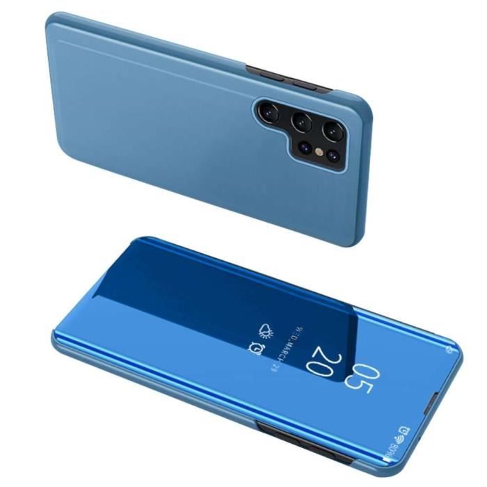 Housse pour Samsung Galaxy S24 Ultra 5G - etui coque portefeuille clear view miroir + verre trempe - BLEU