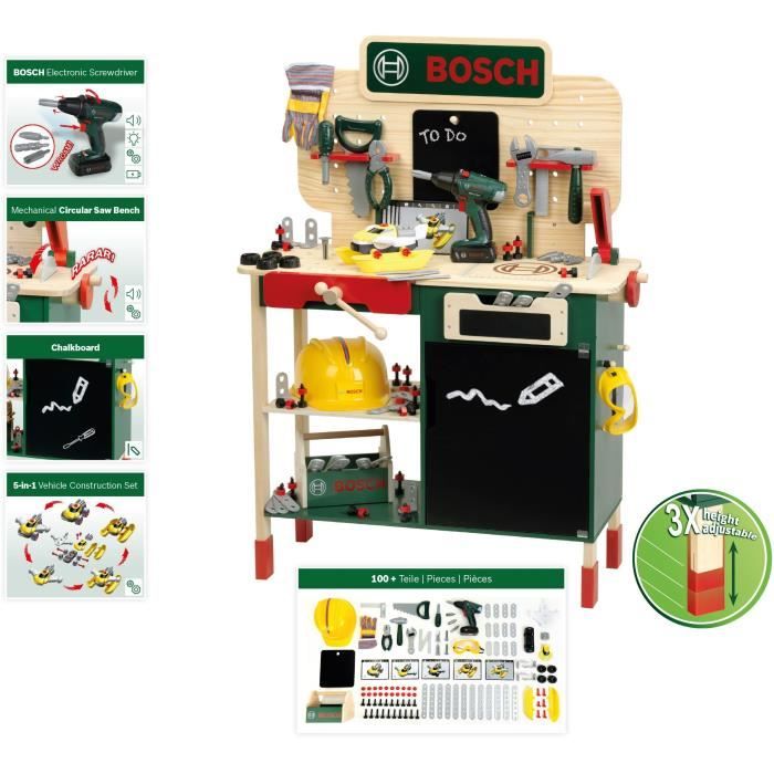 Grand établi Bosch - KLEIN - 8734 - Bois FSC - Avec visseuse électronique caisse à outils set de construction etc. - Dès 3 ans