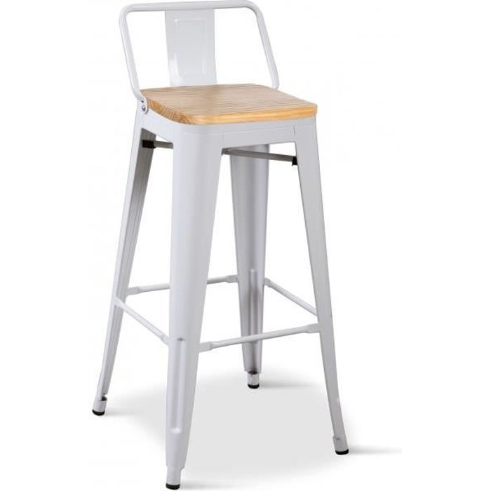kosmi - lot de 4 chaises de bar style industriel avec dossier en métal blanc mat et assise en bois clair - hauteur assise 76 cm