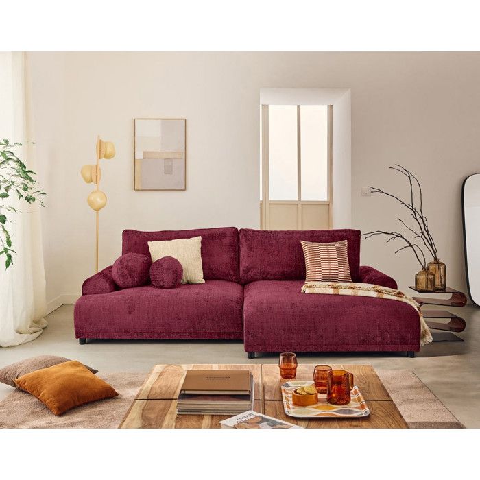 Nelly - canapé dangle droit 4 places convertible avec coffre en velours texturé - Prune