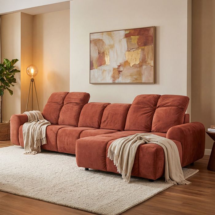 Canapé angle droit Anacapri en velours rose - 3 places Canapé angle droit Anacapri en velours rose - 3 places
