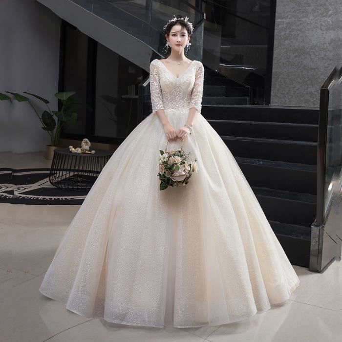 Robe de mariee 2021 nouvelle mariee manche longue couverture bras epais lourd floral hors porte fil de mariage simple principal Blanc Cdiscount Pret a Porter