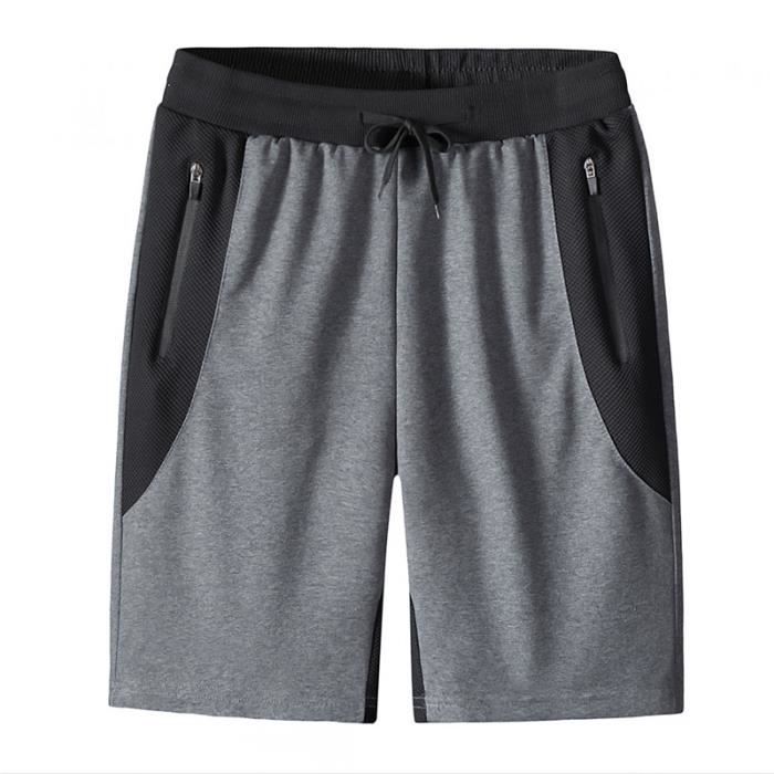 Short Homme de Sport Taille Elastique Avec Cordon de Serrage Short Ete en Tricot Couleur Contraste Gris